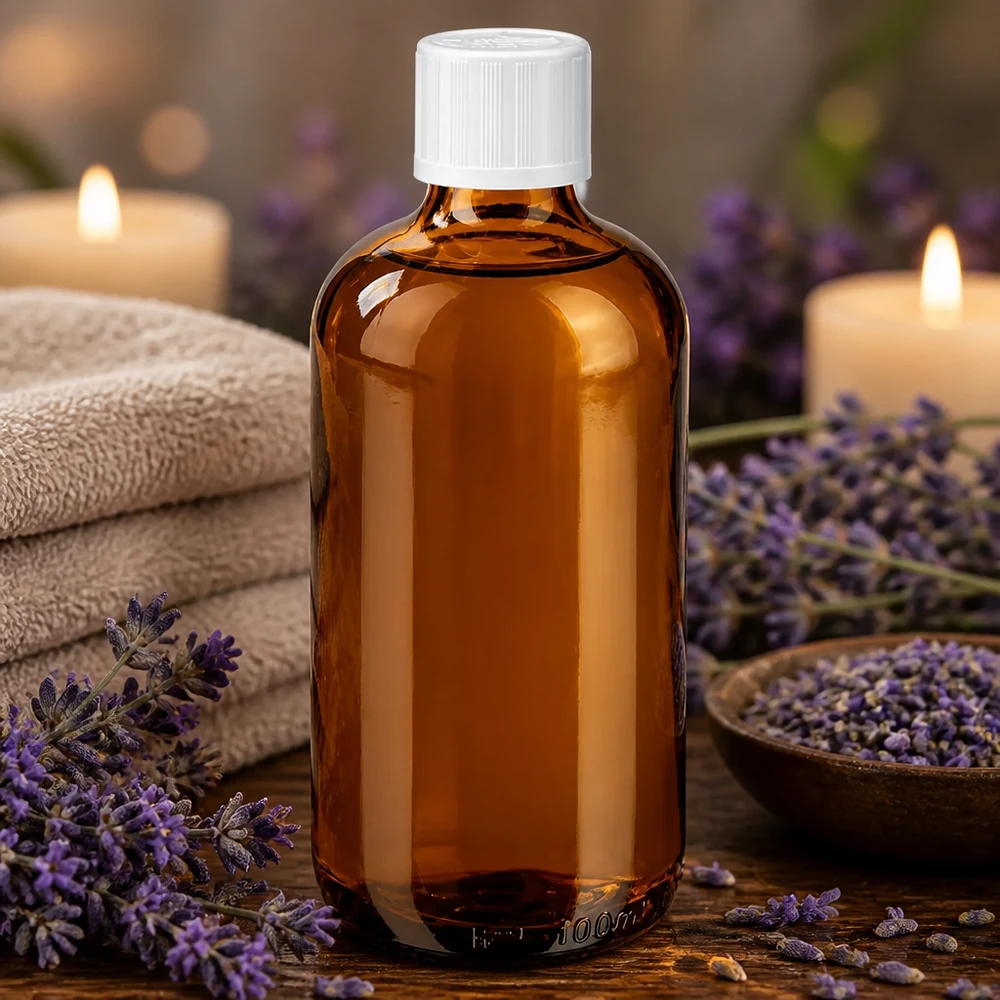 100 ml:n ruskealasi pullo, valkoinen lapsiturvallinen korkki, laventelin aromaterapia-käyttöön