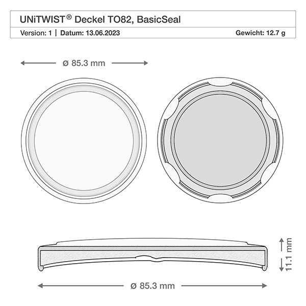 230ml lasipurkki + BasicSeal-kansi hunajakenno UNiTWIST Tekninen piirustus valkoisesta BioSeal-kannesta T082, jonka mitat ovat halkaisijaltaan 85,3 mm ja korkeudeltaan 11,1 mm.