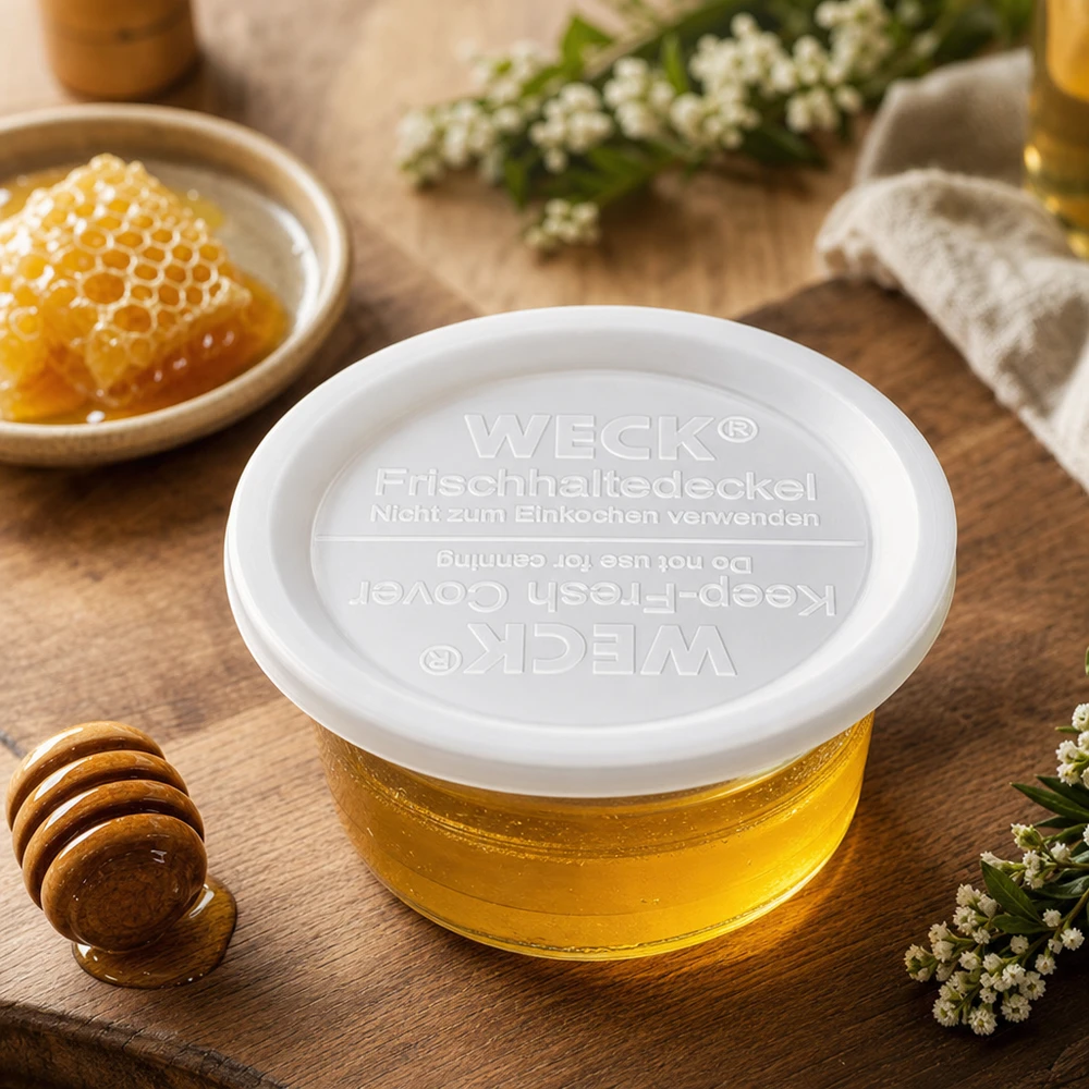 WECK-kansi RR120 WECK keep-fresh kansi RR120 hunaja ja hunajakenno puulevyllä luonnollinen elintarvikkeiden säilytyspaikka