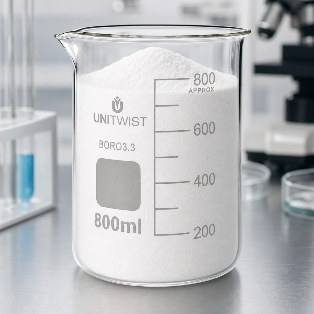 UNiTWIST-lasikulho, 800 ml, borosilikaattia, matala malli, täytetty valkoisella jauheella laboratoriossa