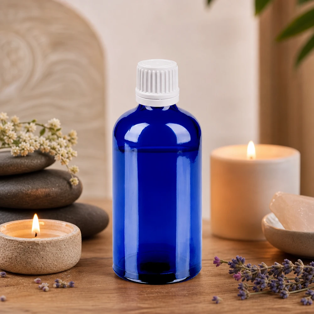 100ml pullo 11mm kierrekorkki valkoinen väärentämisen estävä sulkeminen BlueLine UT18/100 Sininen 100ml lasipullo valkoisella tiputuskorkilla ihanteellinen aromaterapia- ja wellness-sovelluksiin.