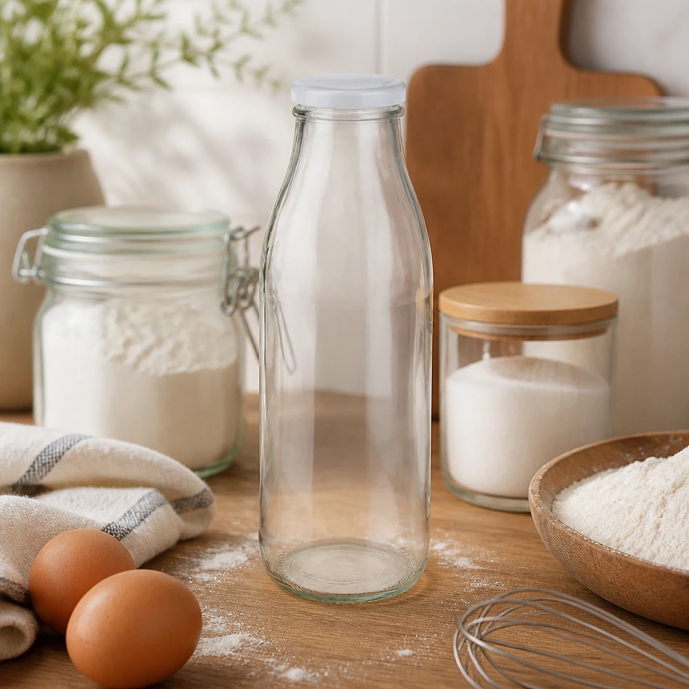 500ml lasipullo + BasicSeal-kansi valkoinen UNiTWIST 500ml lasipullo BasicSeal valkoinen keittiössä, jossa on leivonta-aineita jauhoja munia ja keittiövälineitä leivonta-ambientti.