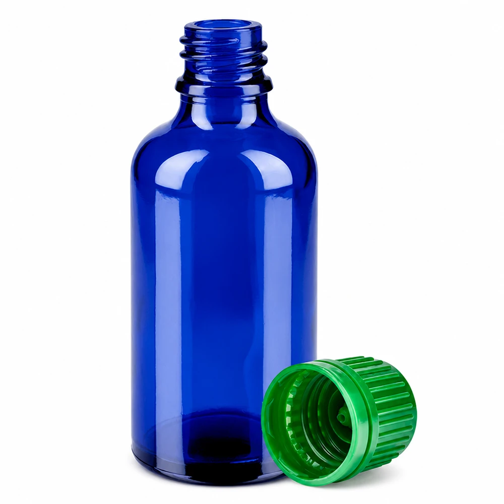 50ml pullo 11mm kierrekorkki vihreä väärentämisen estävä korkki BlueLine UT18/50 BlueLine UT18/50 50ml tippapullo sinisestä lasista, jossa on vihreä korkki tarkkaa annostelua varten.