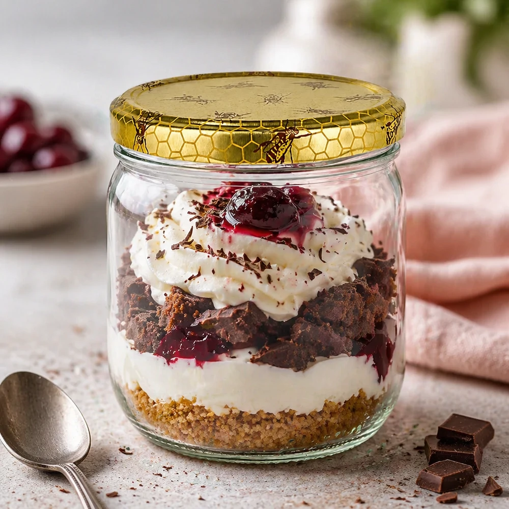 500g Honigglas mit Bienenwabe Deckel BasicSeal UNiTWIST 500 gramman hunajapurkki jälkiruokapurkki suklaa- ja kirsikkatrifleelle, jossa on kermaa ja kultainen hunajakennokansi.