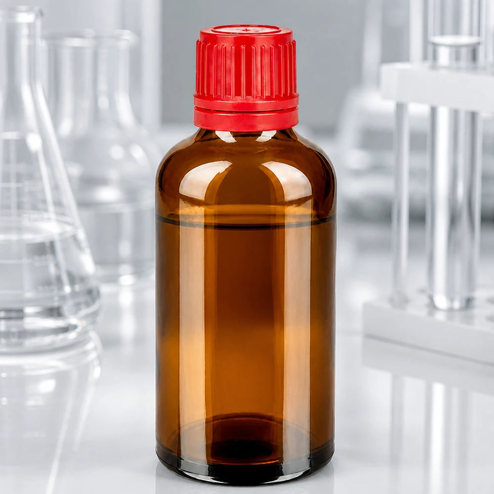 50ml BrownLine-lasipullo UT18-kierteellä ja punaisella väärentämisen varmentavalla korkilla laboratoriokäyttöön.