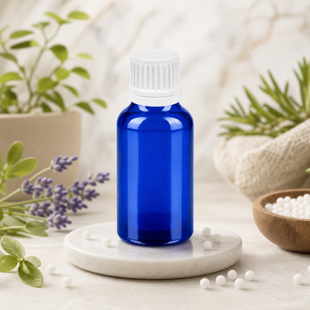 20ml BlueLine lasipullo 11mm kierrekorkilla eteerisille öljyille ja aromaterapialle.