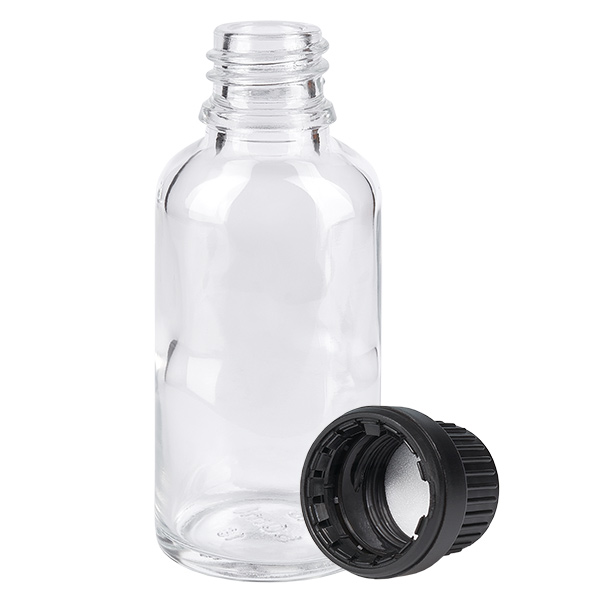 30ml pullo 11mm ruuvikorkki musta peukalointiturvallinen korkki ClearLine UT18/30 30ml pullo 11mm ruuvikorkki musta peukalointiturvallinen korkki ClearLine UT18/30