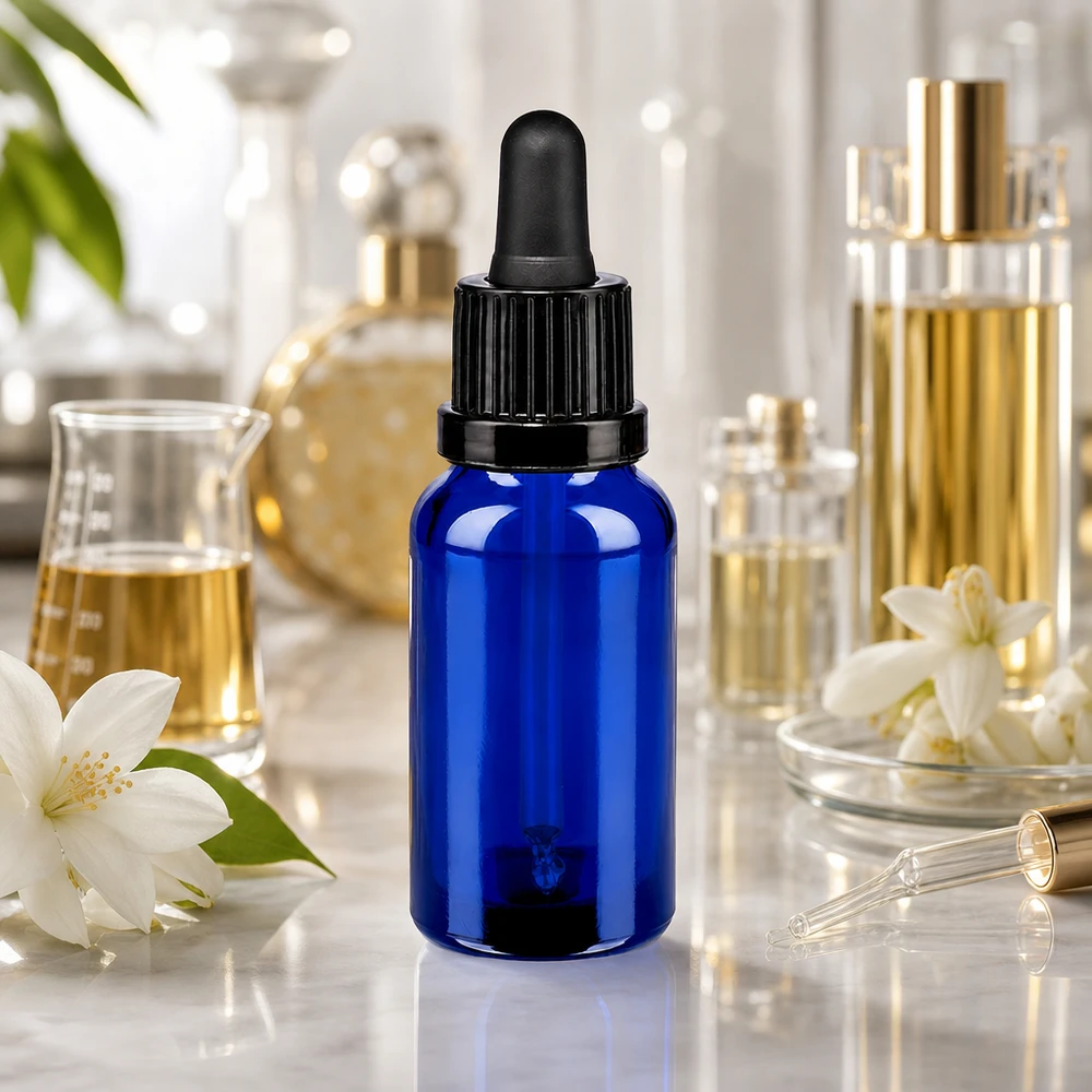 20ml pipettipullo musta tamper-evident-korkki BlueLine UT18/20 20ml sininen lasipullo, jossa on musta tippapipetti seerumien ja tinktuurien tarkkaa annostelua varten.
