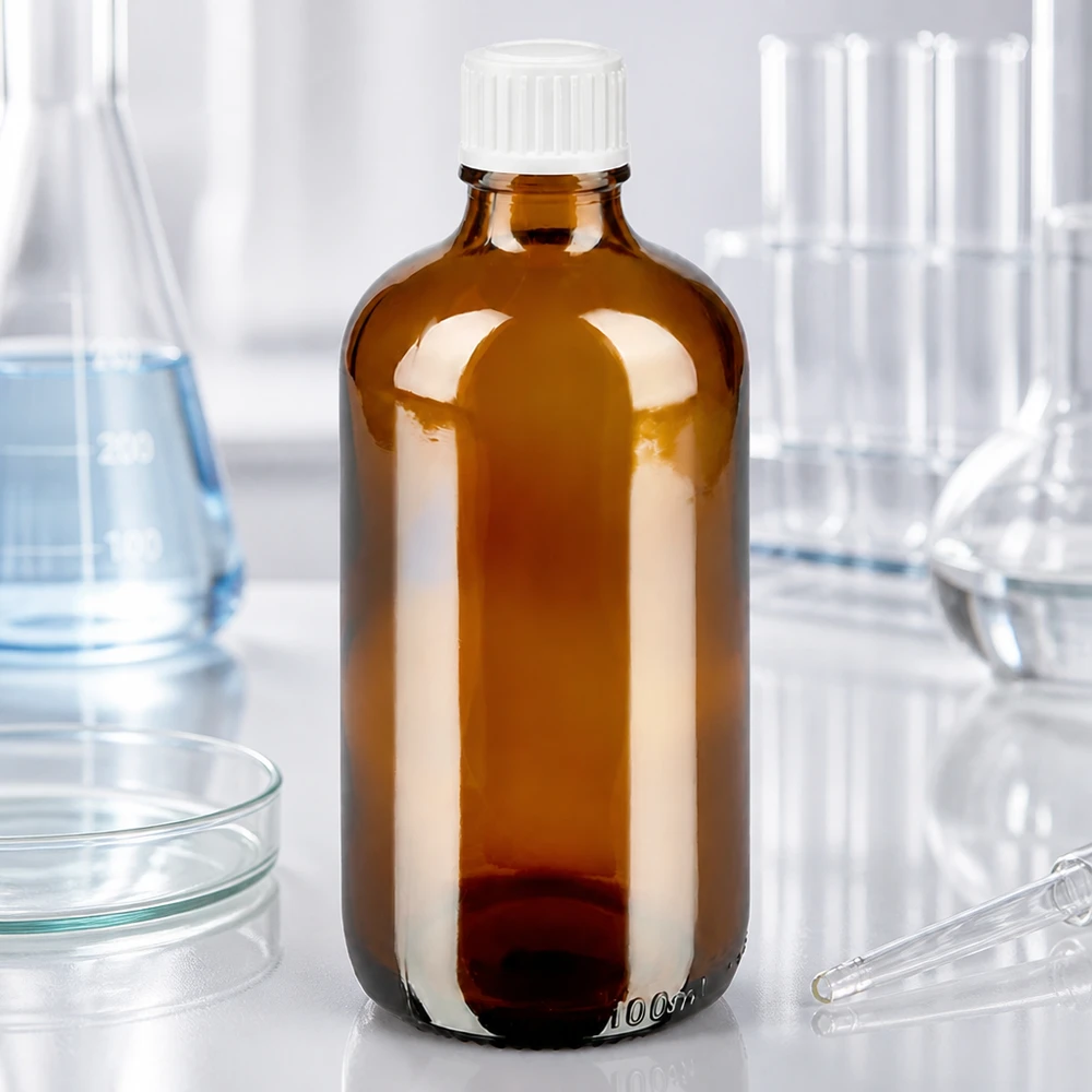 100 ml:n apteekkipullo, ruskeaa lasia, valkoisella STD-korkilla ja tarkalla 0,9 mm:n tippausaukolla