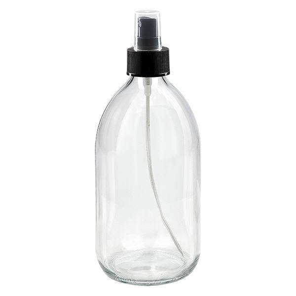 500ml lääkepullo kirkas, pumppusumutin musta ApoGlas 500ml lääkepullo kirkas, pumppusumutin musta ApoGlas