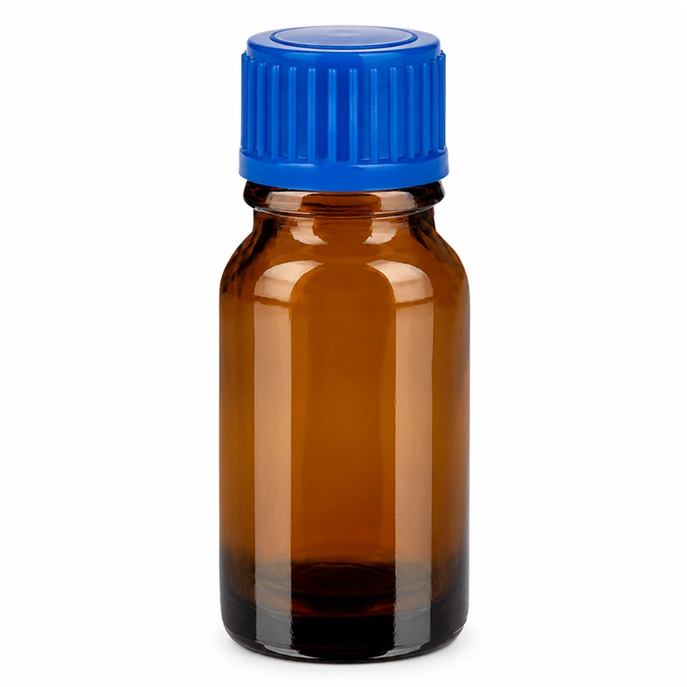 Ruskea lasipullo 10ml sinisellä ruuvikorkilla lääkkeille ja kosmetiikalle