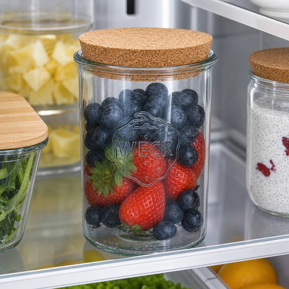 1000 ml:n juomalasit WECK RR100 korkilla luonnonväriset WECK Sturzglas 1000ml RR100 mit Korkdeckel im Kühlschrank gefüllt mit frischen Beeren stylische Aufbewahrung Vorratsglas