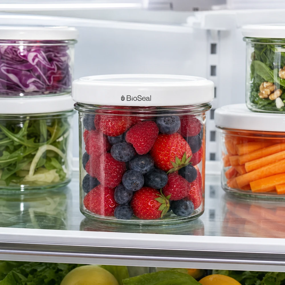125ml juomapullot valkoisella BioSeal-kannella UNiTWIST UNiTWIST tumblers 125ml marjat mansikat mustikat jääkaappi tuore TO66 BioSeal valkoinen kansi purkki
