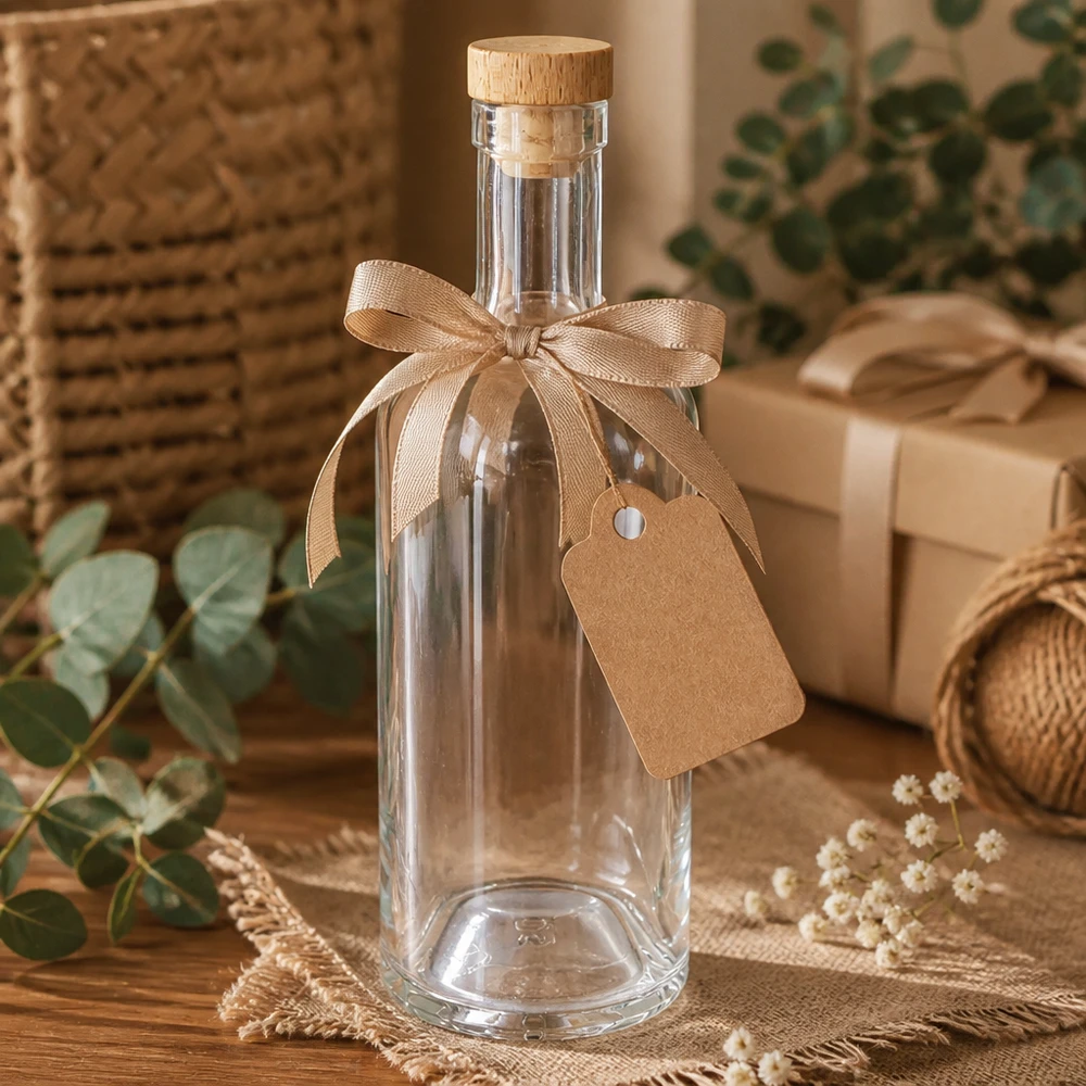 750ml Glasflasche "Attila" mit Holzgriffkorken UNiTWIST® 750ml Emma-lasipullo lahjapakkauksessa, jossa on beige rusetti ja lappu luonnollisessa koristeellisessa ympäristössä.