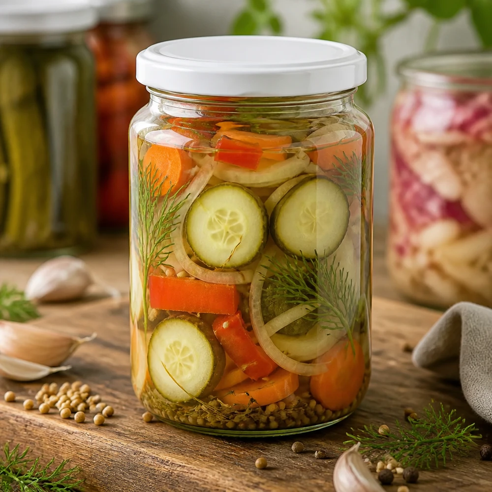 795ml pyöreä purkki BasicSeal-kannella valkoinen UNiTWIST 795ml Rundglas gefüllt mit eingelegtem Gemüse zeigt praktische Verwendung für Konservierung und Meal Prep