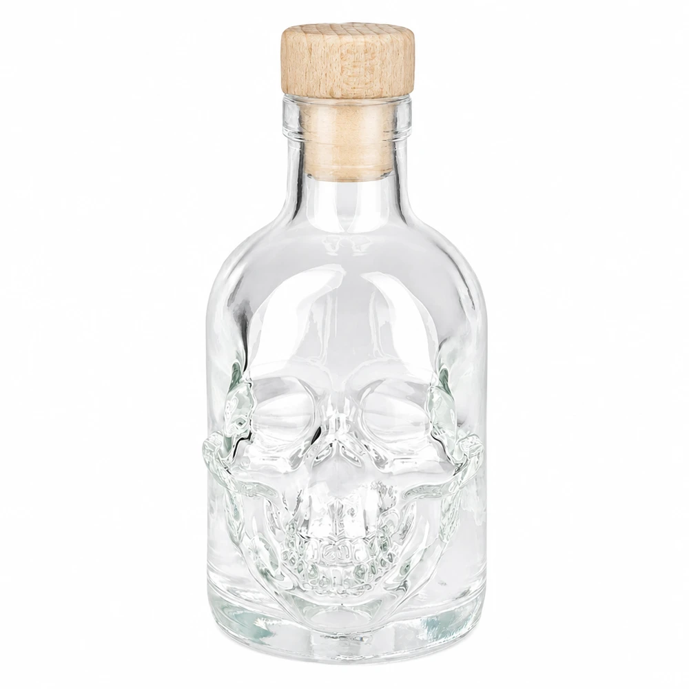 200ml Glasflasche "Jack" mit Holzgriff-Korken UNiTWIST 200ml Jack-lasipullo, jossa on pääkallomalli ja puukorkki, tyhjä viinapullo, jossa on kierrekorkki.