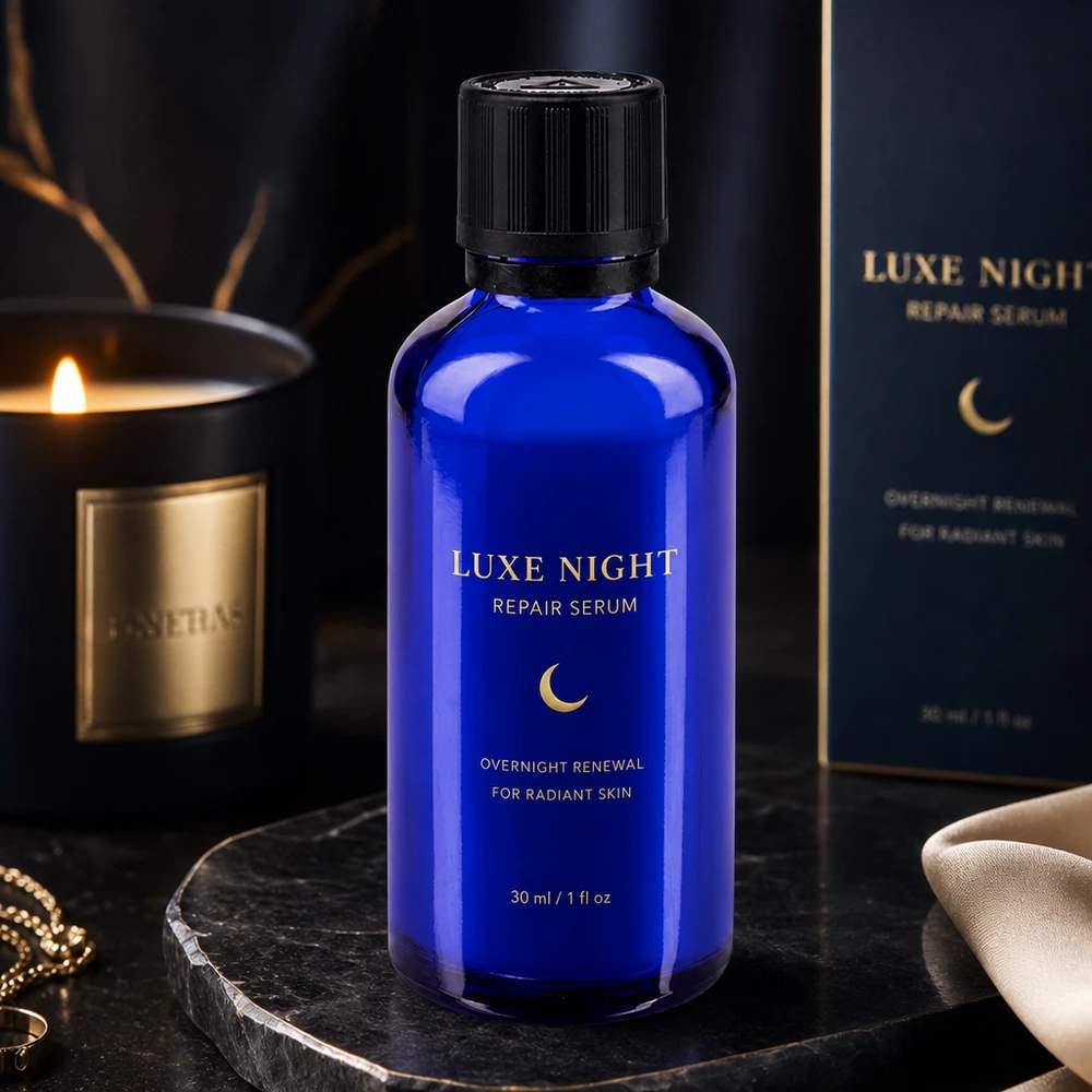 Apteekkipullo sininen 50ml tippapullo korkki kaatorengas 1mm musta lapsilukko sokea varoitussymboli peukaloinninesto sulkeminen. Sininen 50 ml:n lasipullo, jossa on musta kierrekorkki, tumman ylellisen taustan edessä, kynttilän ja lahjapakkauksen kera