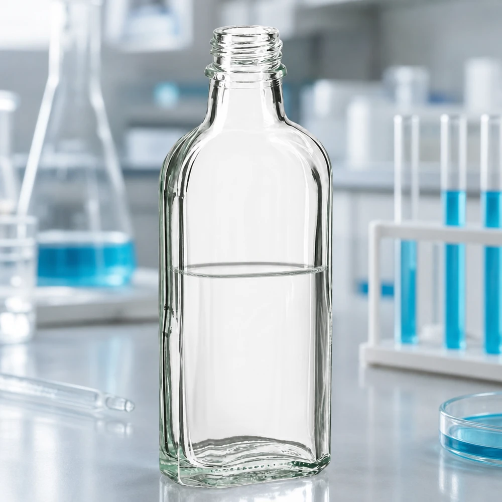 Täytetty 100 ml:n Meplat-pullo, kirkas, DIN22-kierteellä, valkoisella laboratoriopinnalla
