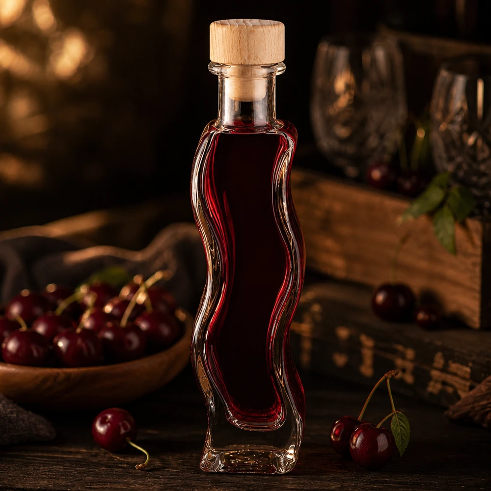 100ml Glasflasche "Melissa" mit Holzgriff-Korken UNiTWIST 100ml lasipullo Melissa täynnä punaista kirsikkalikööriä puukorkki tuoreita kirsikoita kodikas keittiötunnelmainen ilmapiiri