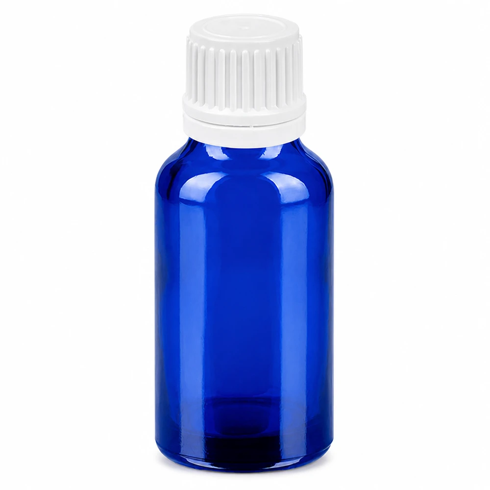 20ml pullo 11mm kierrekorkki valkoinen väärentämisen estävä sulkeminen BlueLine UT18/20 BlueLine UT18/20 20ml sininen lasipullo valkoisella kierrekorkilla eteerisille öljyille ja kosmetiikalle.
