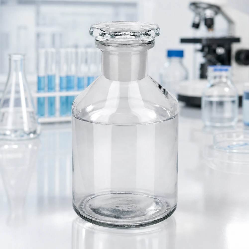 Jyrkkäkaulainen pullo 50ml kirkas kapeakaulainen lasitulppa Jyrkkärinta-pullo, 50 ml, kapeakaulainen, kirkas, valkoisella laboratoriopöydällä, taustalla mikroskooppi