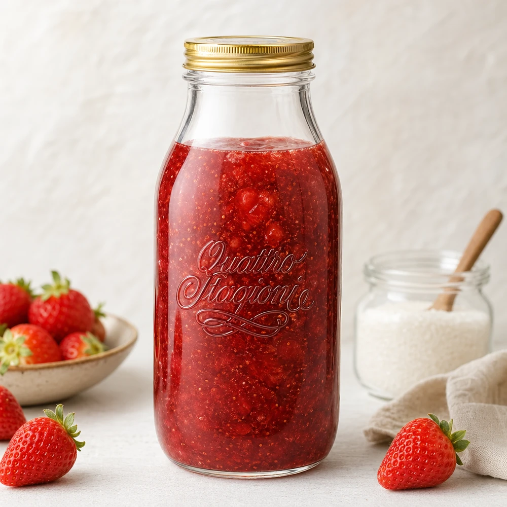 1000ml lasipullo "Quattro Stagioni", jossa on kansi. Quattro Stagioni 1000ml lasipullo täynnä mansikkahilloa, jota ympäröivät tuoreet mansikat ja maitolasit.