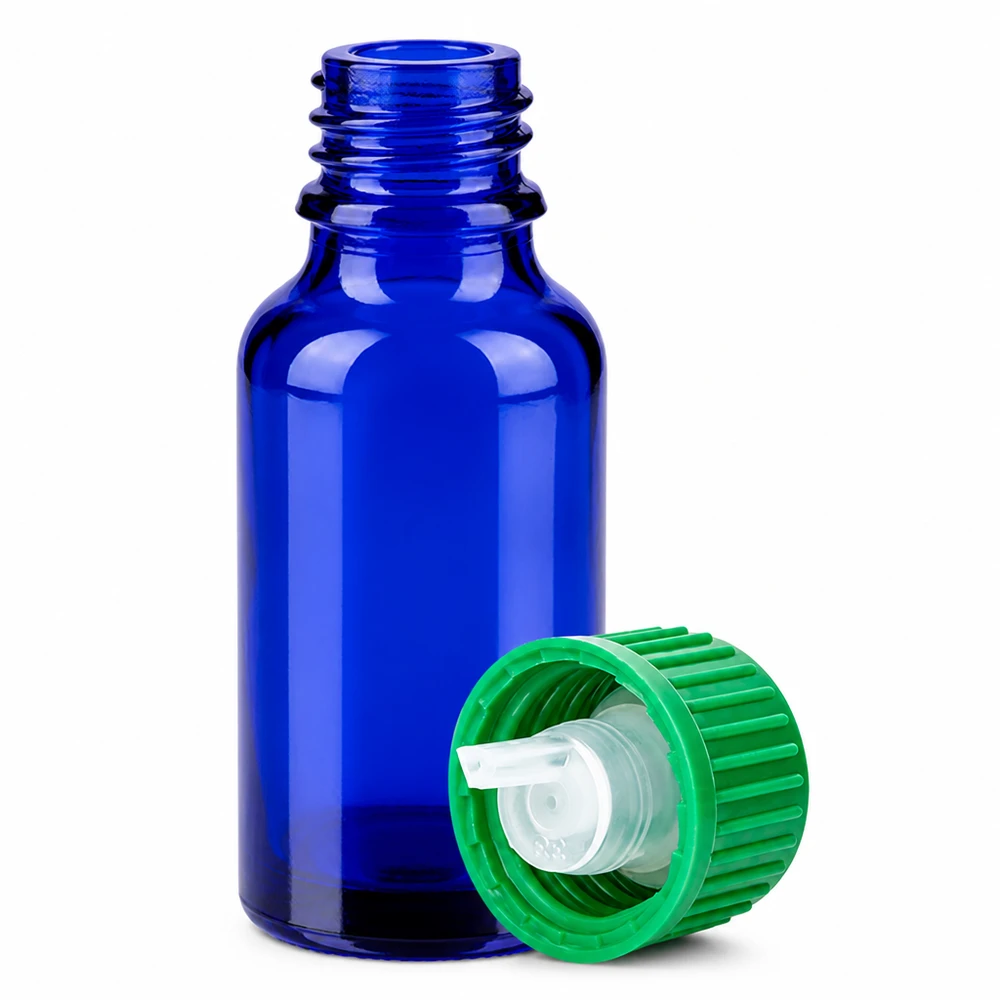 Sinisestä lasista valmistettu 20ml tippapullo, jossa on 0,8 mm:n aukko tarkkaa pisaran annostelua varten STD BlueLine UT18/20