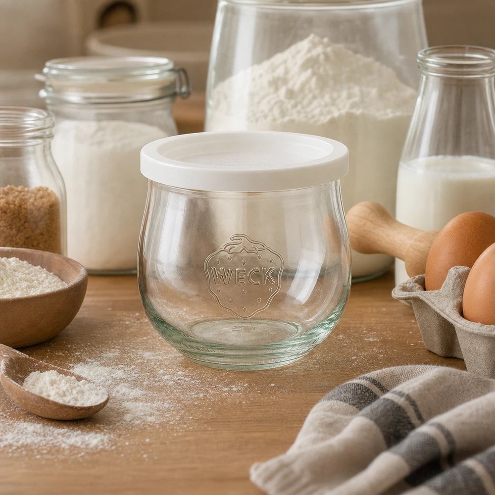 370 ml:n tulppapullo tuoreuskannella, WECK RR80 WECK tulppaanipurkki 370ml RR80 tuoreella kannella leivontakuvassa, jossa on jauhoja, munia ja maitoa puisella työtasolla.