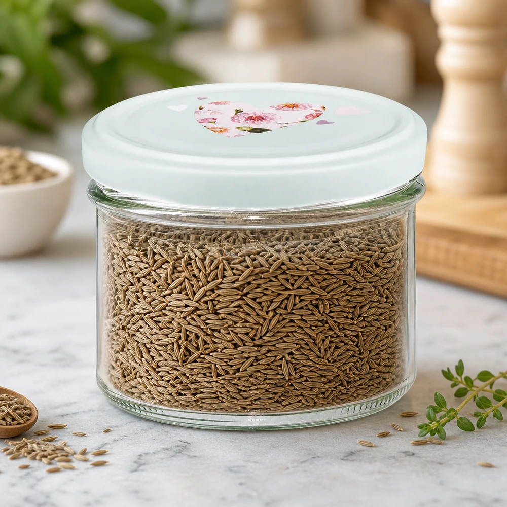 225ml minttu BasicSeal-purkki, jossa on kansi ja joka on täytetty kuminan siemenillä mausteiden ja yrttien optimaaliseen säilytykseen.