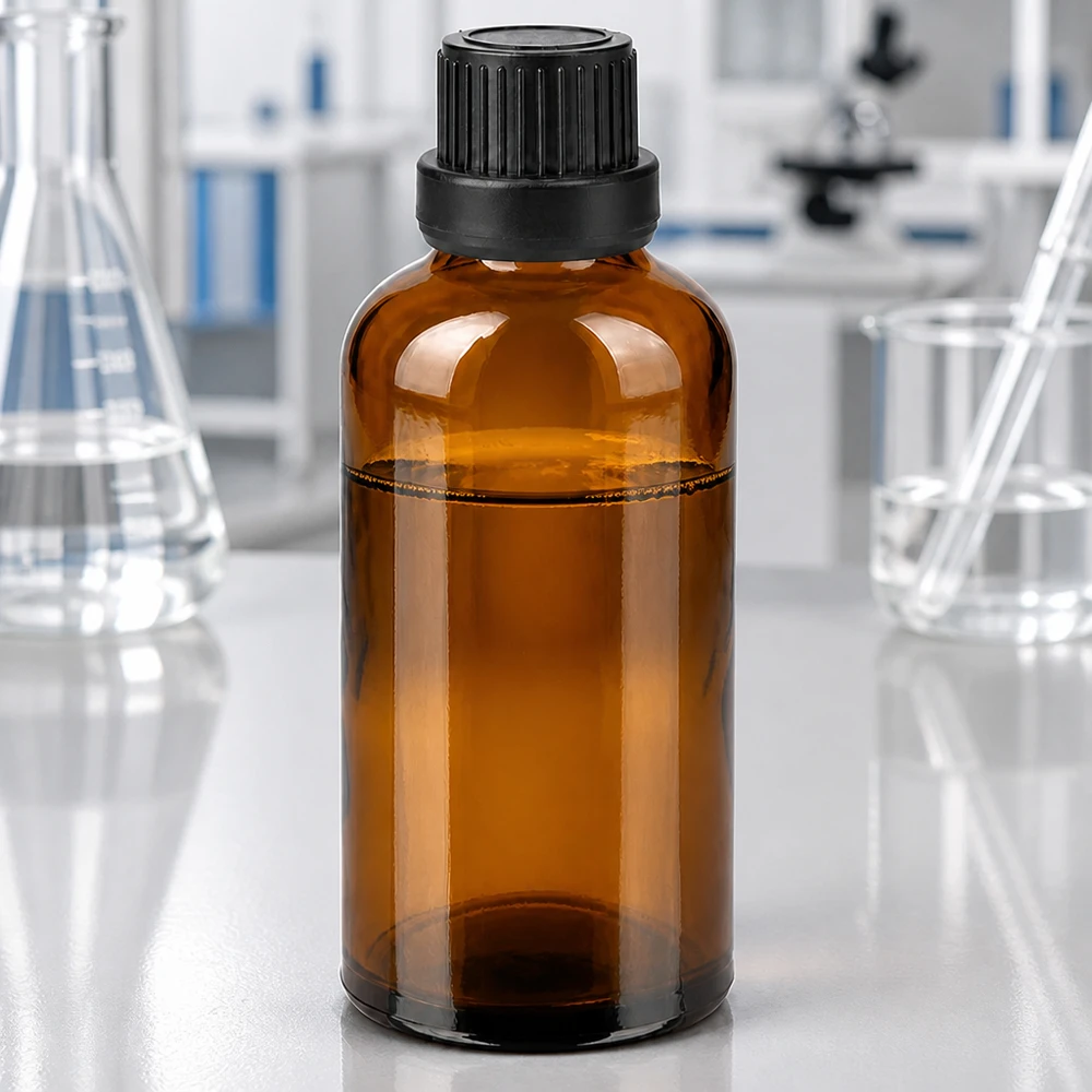 Laboratoriotestattu 50 ml:n meripihkalasipullo 11 mm:n kierteellä SV musta farmaseuttisiin sovelluksiin.