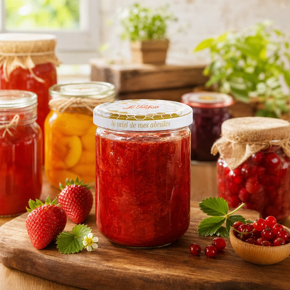Le Parfait Hunaja säilytyspurkki 212ml täynnä punaista hilloa tuoreiden mansikoiden ja muiden säilöntätölkkien vieressä.