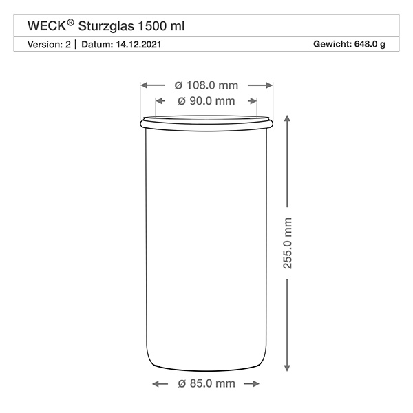 6 kpl:n Weck-purkkisarja 1500 ml:n pyöreitä juomapurkkeja. Tekninen piirustus WECK-maljat 1500ml RR100, mitat, halkaisija 108mm, korkeus 255mm, paino 648g.