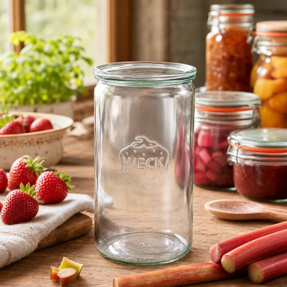 1590ml sylinteripurkki lasikannella WECK RR100 WECK säilöntäpurkki 1590ml maalaismaisessa keittiössä hillopurkeilla mansikat raparperi ruoanlaittotarvikkeet lasikansi