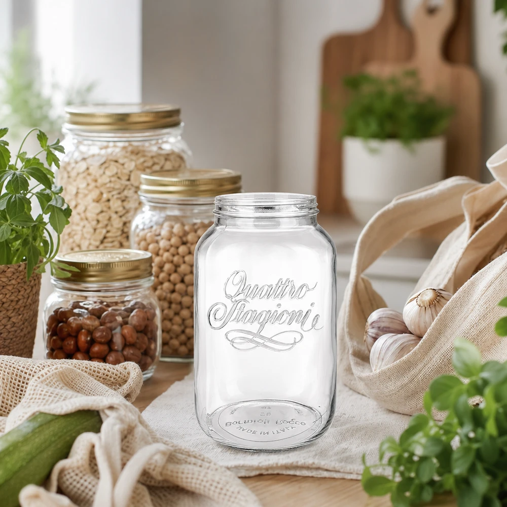 3800ml pyöreä purkki "Quattro Stagioni" QS110mm. Quattro Stagioni kotitalouspurkki 3800ml ruoan säilyttämiseen maalaismaisessa keittiössä säilytyspurkkeineen.