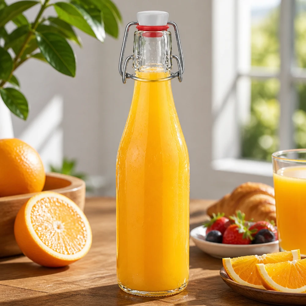 250 ml:n lasipullo, jossa on appelsiinimehua, koristeellinen keittiönäkymä, jossa on tuoreita appelsiineja ja marjoja.