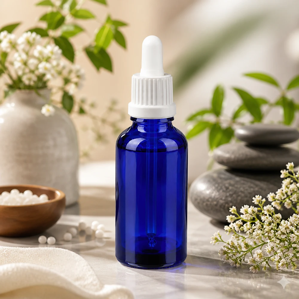 30ml BlueLine pipettipullo UT18 valkoisella korkilla kosmeettisiin sovelluksiin ja seerumeihin.