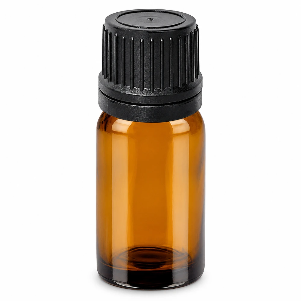 10ml tippapullo ruskeaa lasia, jossa on musta korkki eteerisille öljyille ja esansseille.