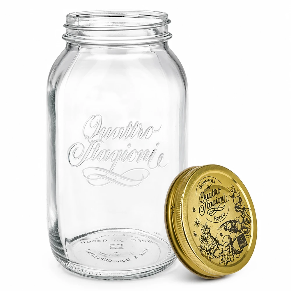 1500ml pyöreä purkki "Quattro Stagioni", jossa on kansi. Quattro Stagioni 1500ml säilöntätölkki erillisellä kultaisella kannella yksityiskohtainen kuva italialainen säilöntätölkki