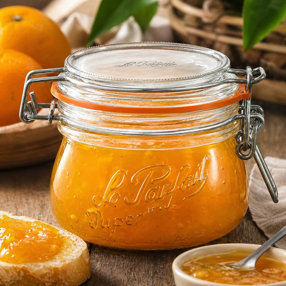 250ml Vorratsglas "Super" mit Bügelverschluss Le Parfait® 250 ml Le Parfait Super -säilytyspurkki, jossa on kääntyvä korkki ja joka on täytetty appelsiinimarmeladilla, puupöydällä, jossa on tuoreita appelsiineja.