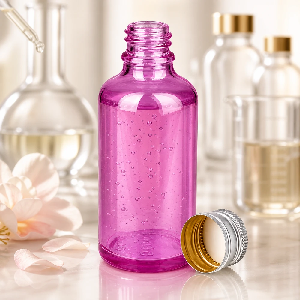 50ml violetti lasipullo, jossa on 11mm tippakierre seerumien tarkkaa annostelua varten.