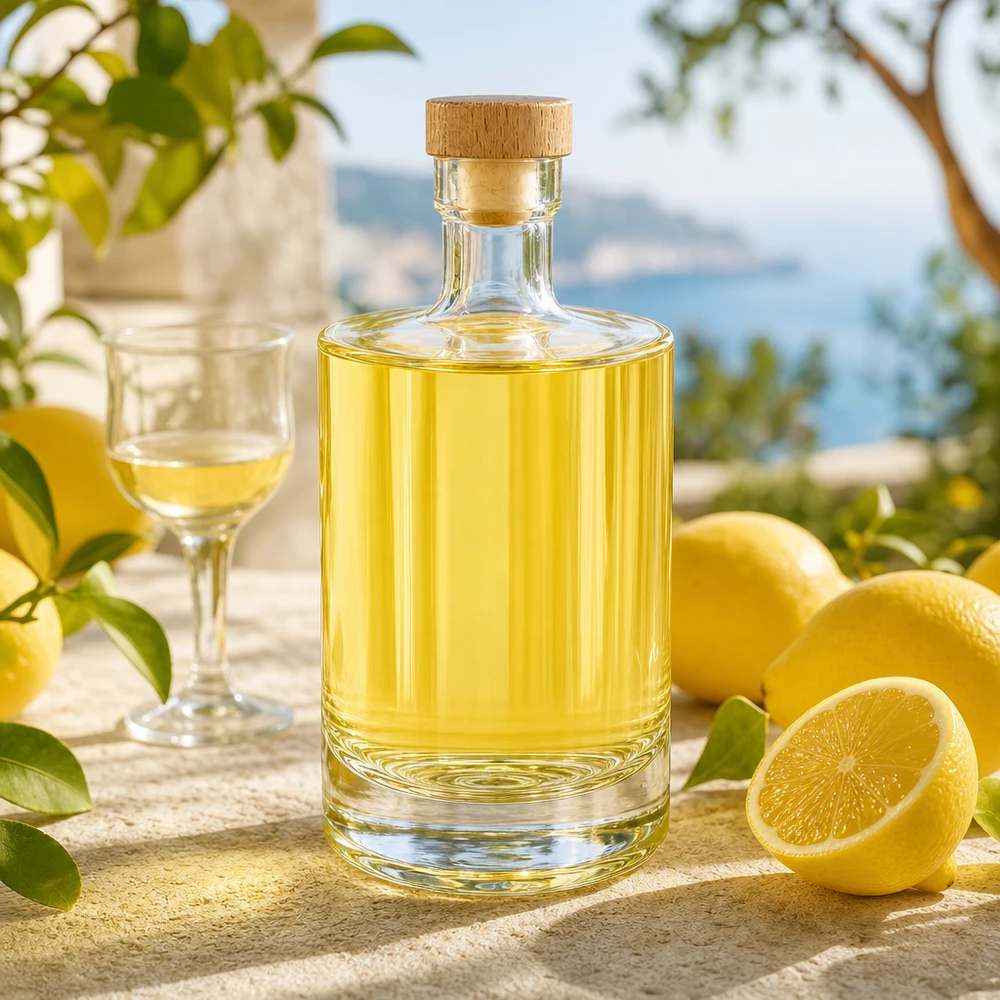 500ml Glasflasche "Marie" mit Holzgriff-Korken UNiTWIST Glasflasche Marie befüllt mit gelbem Likör neben Zitronen - stilvolle Präsentation für Limoncello und Spirituosen
