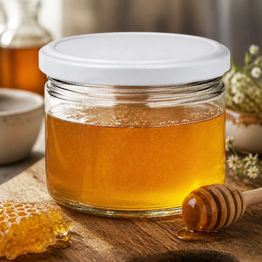 540ml pyöreä purkki BasicSeal-kannella valkoinen UNiTWIST 540ml Rundglas BasicSeal weiß gefüllt mit goldenem Honig neben Bienenwabe - hochwertiges Glas für Imkerei-Produkte