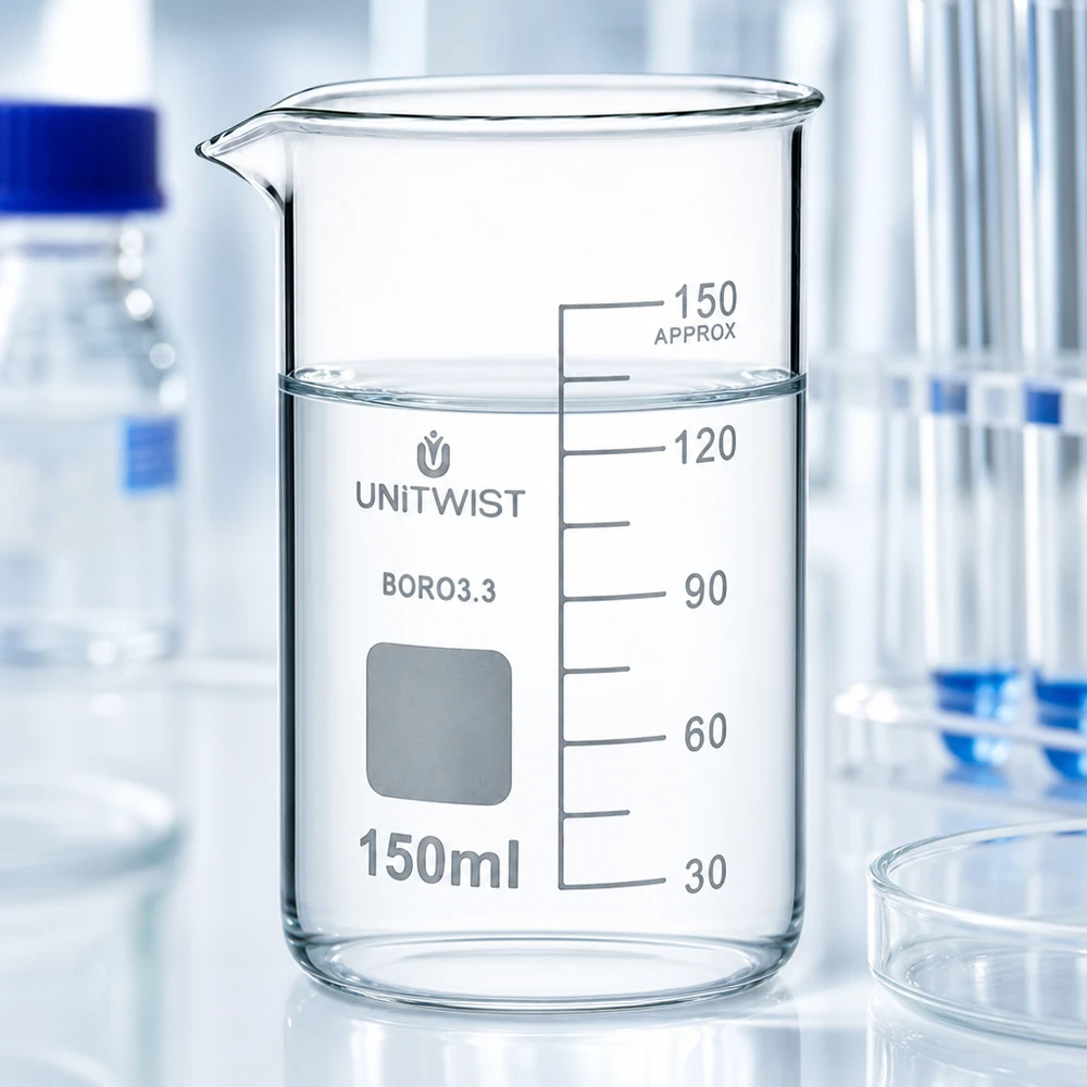 Juomalasi 150ml borosilikaatti, korkea muoto UNiTWIST UNITWIST-mitta-astia, 150 ml, korkea malli, borosilikaattilasia 3.3, selkeä millilitra-asteikko valkoisella pohjalla