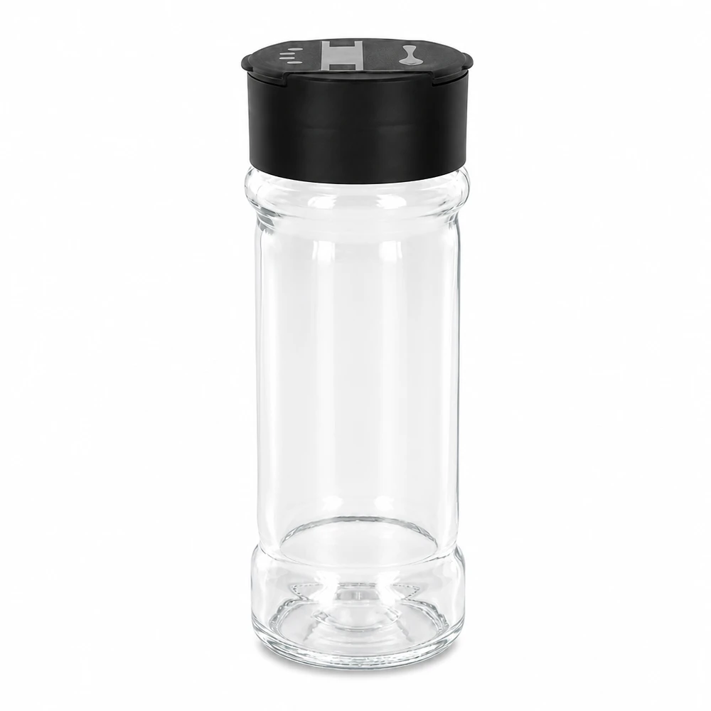 Läpinäkyvä suola- ja maustepurkki, 100 ml, kääntyvällä kaksoisripottelukannella, musta