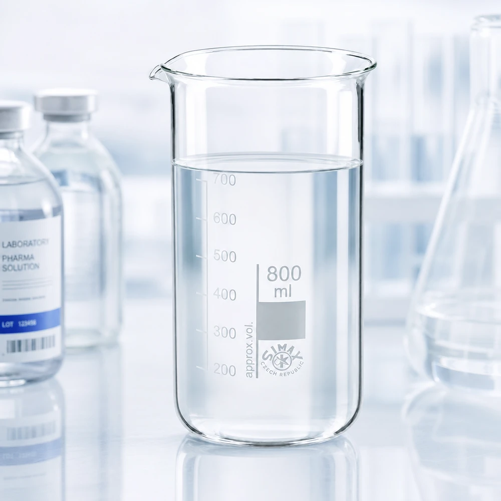 Juomalasi 800ml borosilikaattilasista, korkea muoto 800 ml:n tilavuinen, korkea mitta-astia, valmistettu läpinäkyvästä borosilikaattilasista, täytetty kirkkaalla nesteellä 650 ml:n asti