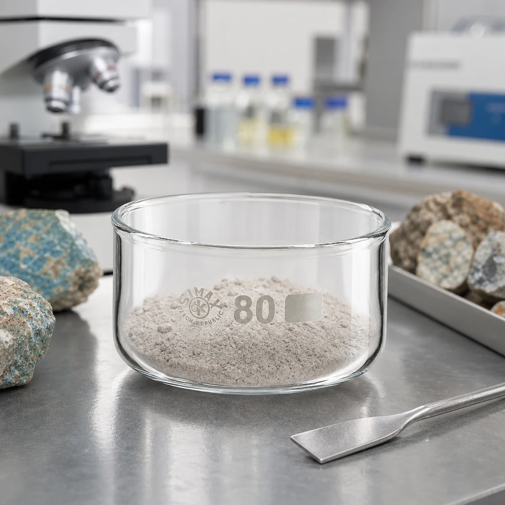 Harmaavalkoinen mineraalijauhe SIMAX-kristallisaatiokulhossa, 150 ml, borosilikaattilasia, laboratoriokäyttöön, halkaisija 80 mm