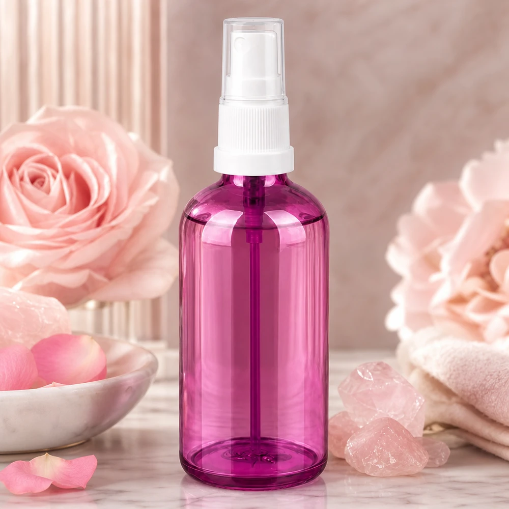 Uudelleentäytettävä 100 ml:n suihkepullo, joka on valmistettu korkealaatuisesta muovista ja jonka väri on houkutteleva violetti.