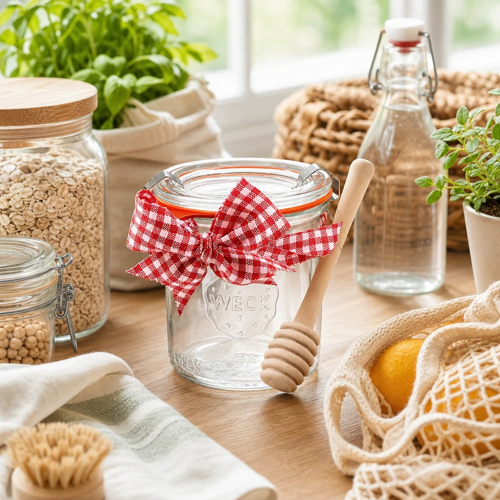WECK mini tulppaanipurkki 140ml, jossa on hunajalusikka. WECK mini tumblers 140ml täydellinen setti keittiön sisustus kestävä varastointi hunaja lusikka puu yrtit säilytyspurkit