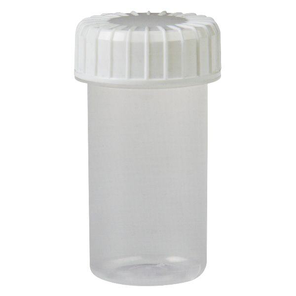 Läpinäkyvä 20 ml:n kierrekorkkipurkki, jossa on uritettu korkki. Läpinäkyvä 20 ml:n kierrekorkkipurkki, jossa on uritettu korkki.