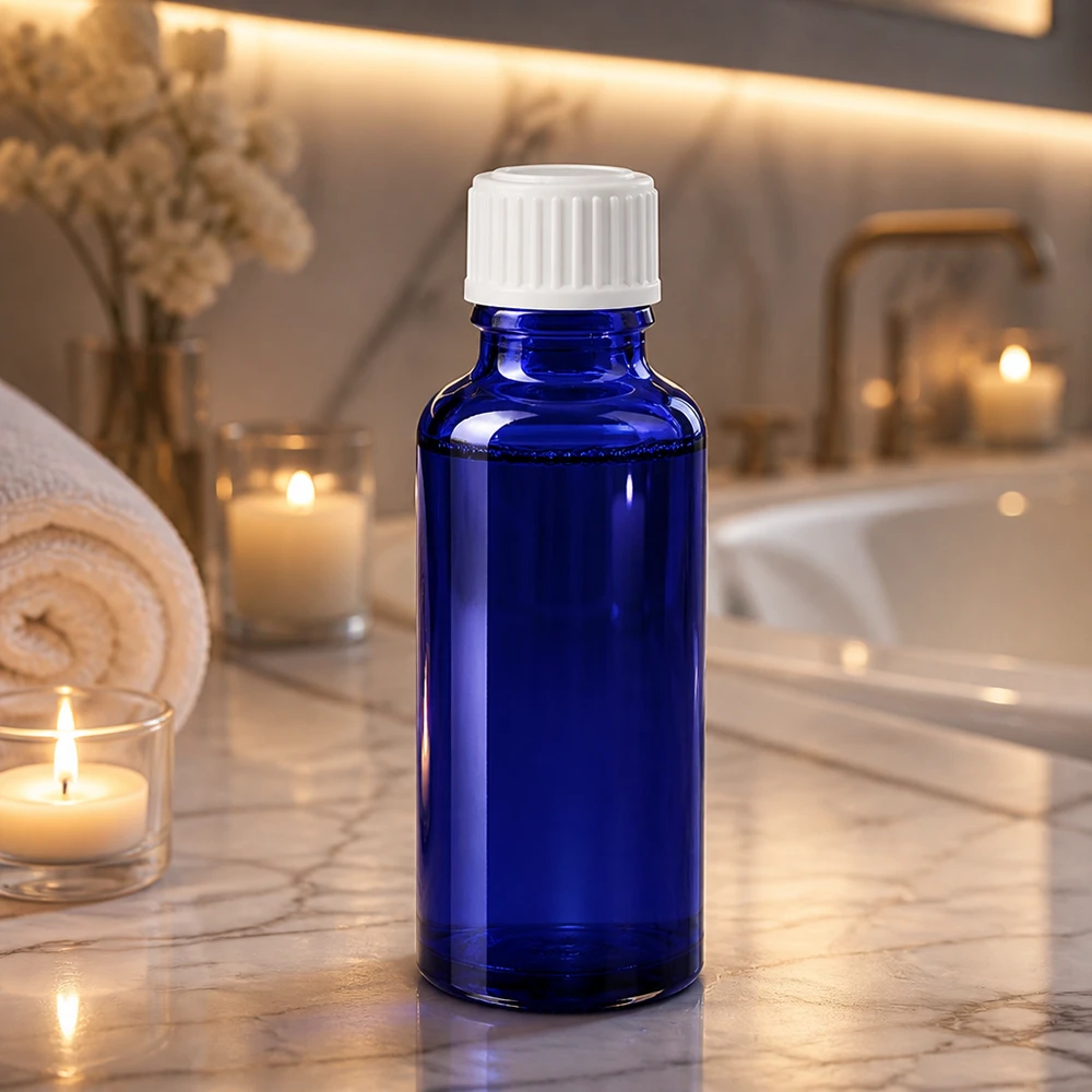 Apteekkipullo sininen 30ml ruuvikorkki valkoinen standardi 30 ml:n koboltinsininen apteekkipullo, jossa on valkoinen vakiokorkki, marmorialustalla kylpyhuoneessa